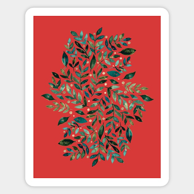 Seasonal branches and berries - green and gold on red Sticker by wackapacka